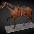 Detailed Brown Horse Figure with Saddle Reins and Decorative Base in Motion Pose