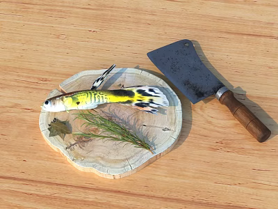 Colorful Fresh Water Fish Placed on Wooden Cutting Board With Cleaver Knife and Herbs 3d model