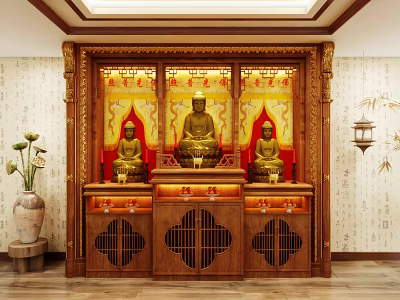 Traditional Wooden Buddhist Shrine Cabinet With Buddha Statues Carved Details Red Background Vase And Lantern 3d model
