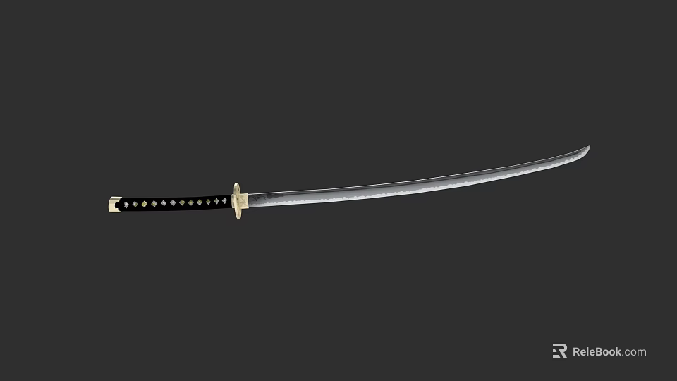 Traditional Samurai Sword Featuring Sharp Silver Blade Black Handle And Ornate Fittings 3d model