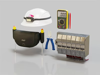 Essential Electrical Tools Set With Safety Helmet Multimeter Pliers And Terminal Block 3d model