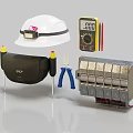 Essential Electrical Tools Set With Safety Helmet Multimeter Pliers And Terminal Block