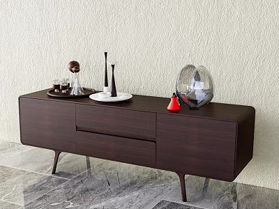 Dark Wooden TV Stand With Drawers And Decorative Ornaments On Marble Floor And Light Wall 3d model