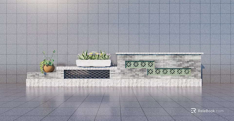 Feature Wall with Gray Tiled Surface Geometric Patterns and Potted Plants on Varying Heights 3d model