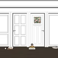 White Hinged Doors with Various Panel Designs and Golden Handles in Modern Interior Setting