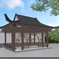 Traditional Chinese Landscape Pavilion With Classic Curved Roof And Intricate Wooden Carvings Surrounded By Trees