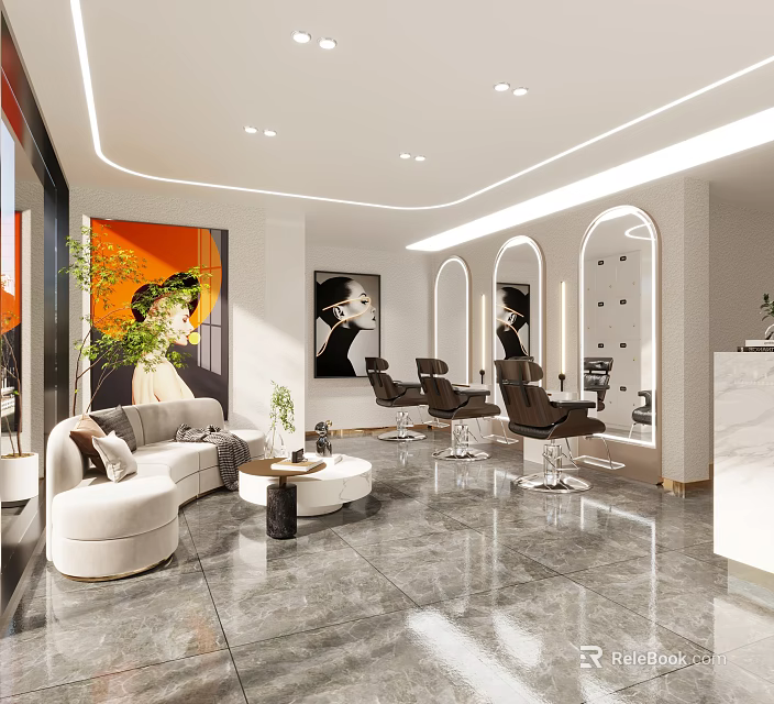 Modern Beauty Salon Interior Featuring Comfortable Sofa Round Coffee Table Arch Mirrors And Stylish Chairs 3d model 