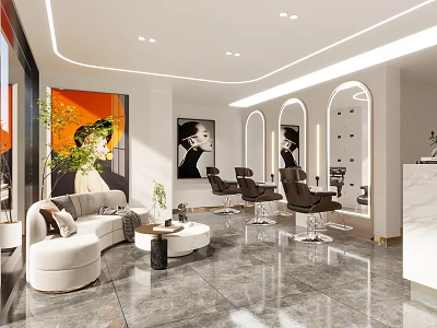 Modern Beauty Salon Interior Featuring Comfortable Sofa Round Coffee Table Arch Mirrors And Stylish Chairs 3d model