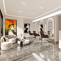 Modern Beauty Salon Interior Featuring Comfortable Sofa Round Coffee Table Arch Mirrors And Stylish Chairs