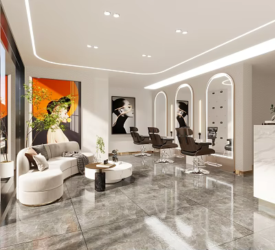 Modern Beauty Salon Interior Featuring Comfortable Sofa Round Coffee Table Arch Mirrors And Stylish Chairs 3d model