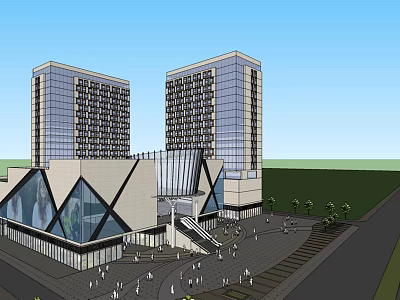 Modern Office Building Complex With Two Tall Towers Triangular Roof Plaza And Pedestrians 3d model