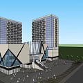 Modern Office Building Complex With Two Tall Towers Triangular Roof Plaza And Pedestrians