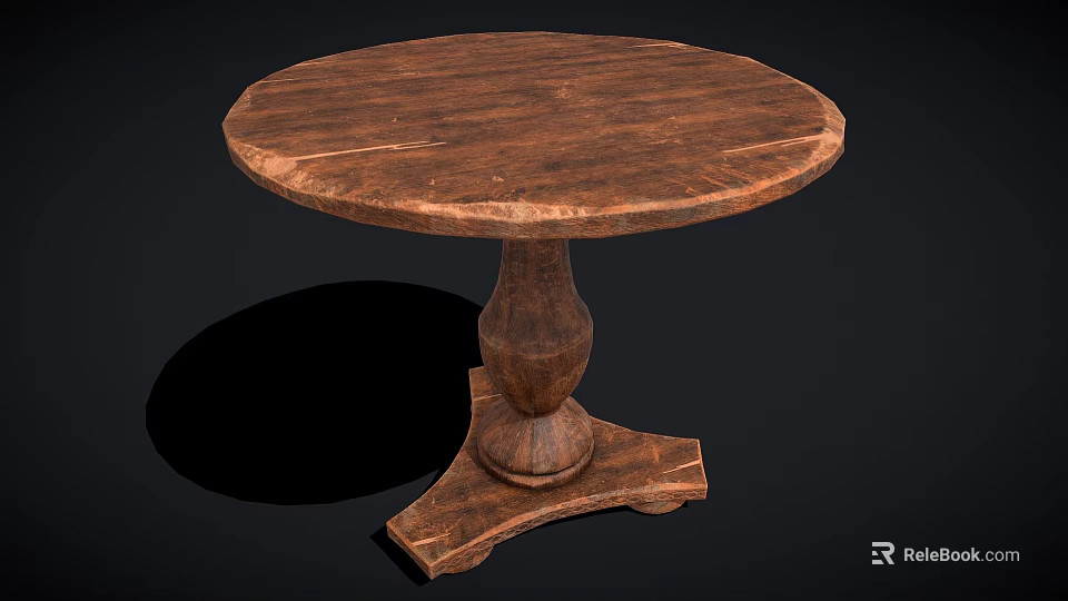 Round Wooden Dining Table With Natural Wood Grain Top And Carved Pedestal Base 3d model 
