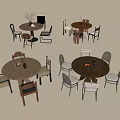 Various Round Dining Table Sets With Wooden Upholstered Chairs And Decorative Items 3d model