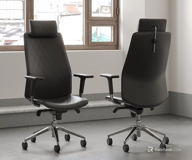 Black Leather Office Chairs With Armrests And Metal Casters Different Back Designs By Window 3d model 