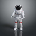 Man in White Astronaut Suit with Red Stripes and Helmet Standing on Gray Background