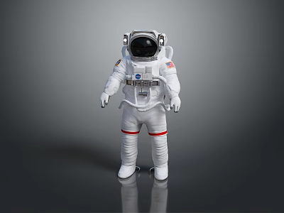 Man in White Astronaut Suit with Red Stripes and Helmet Standing on Gray Background 3d model