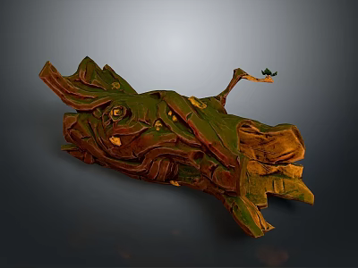 Wood Stone Sculpture Featuring Irregular Texture Green Moss And Small Branch Leaf 3d model