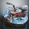 Red Wooden Boat With Smoking Chimney Surrounded By Icebergs And Seal