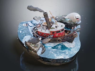 Red Wooden Boat With Smoking Chimney Surrounded By Icebergs And Seal 3d model