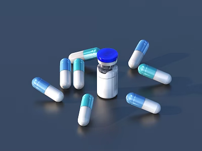 Small Medicine Bottle With Blue Cap And Blue White Capsules Scattered Around 3d model