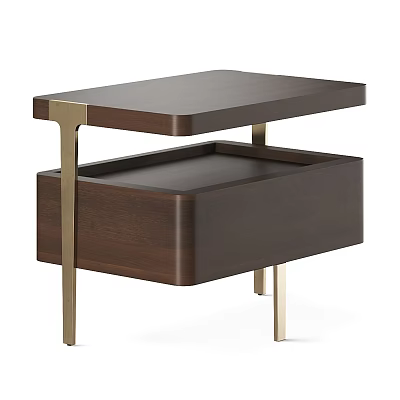 Modern Dark Brown Wooden Bedside Table With Drawer And Gold Metal Legs 3d model