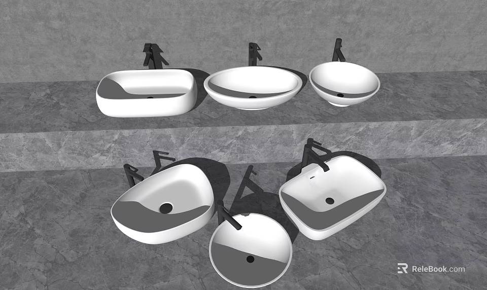 Five White Washbasins With Different Designs And Faucets On Stone Surface 3d model 