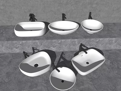 Five White Washbasins With Different Designs And Faucets On Stone Surface 3d model