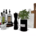 Essential Kitchenware Collection With Oil Bottles Wooden Spoons Mortar Pepper Grinder And Cutting Board