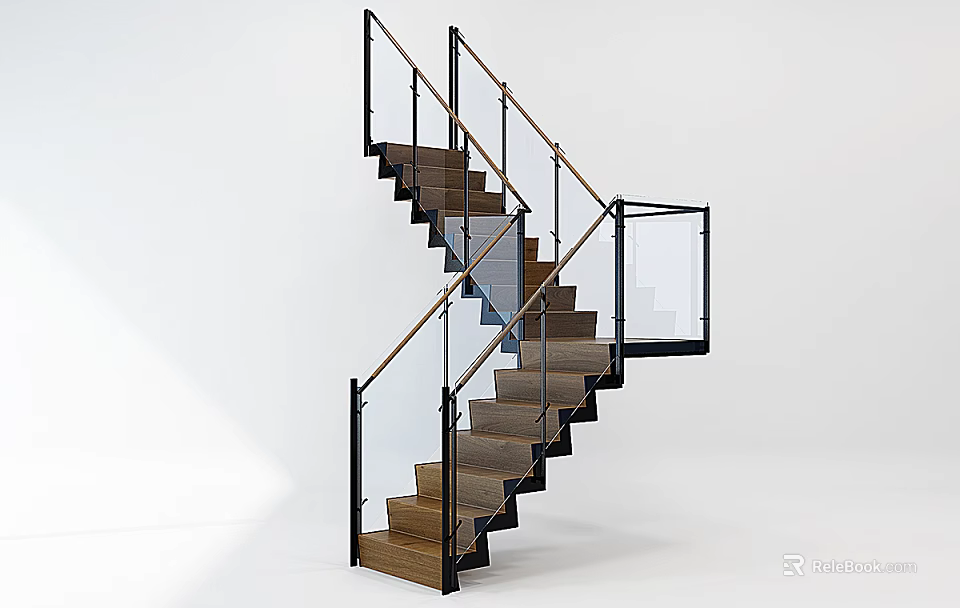 Modern Staircase Interior With Wooden Steps Glass Railings And Black Frame 3d model 