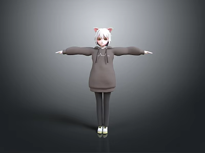 Young Woman With Cat Ears In Gray Hoodie Standing Arms Outstretched 3d model