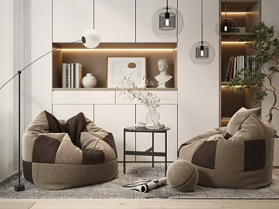 Cozy Leisure Sofa Combination with Bean Bags Floor Lamp Side Table Potted Plant and Bookshelf 3d model