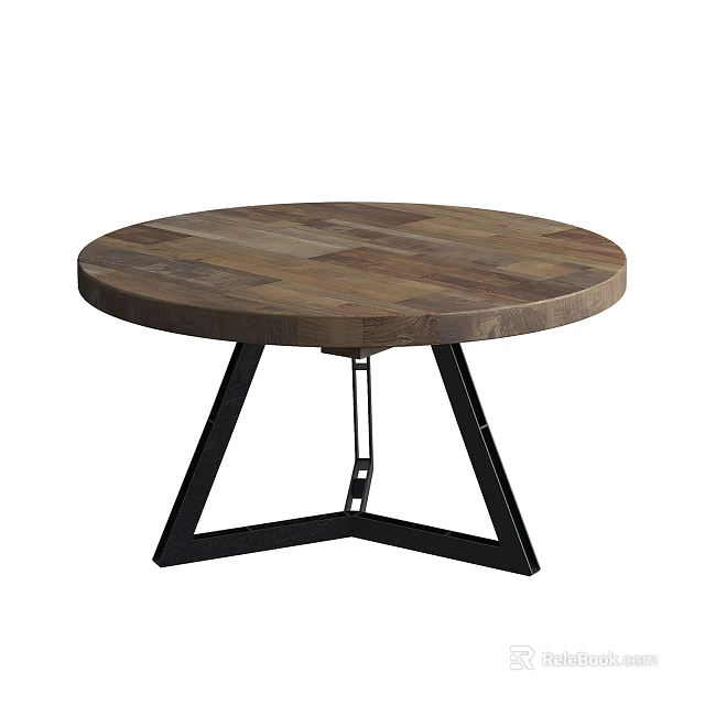 Round Wooden Coffee Table With Patchwork Top And Black Metal Triangular Legs 3d model