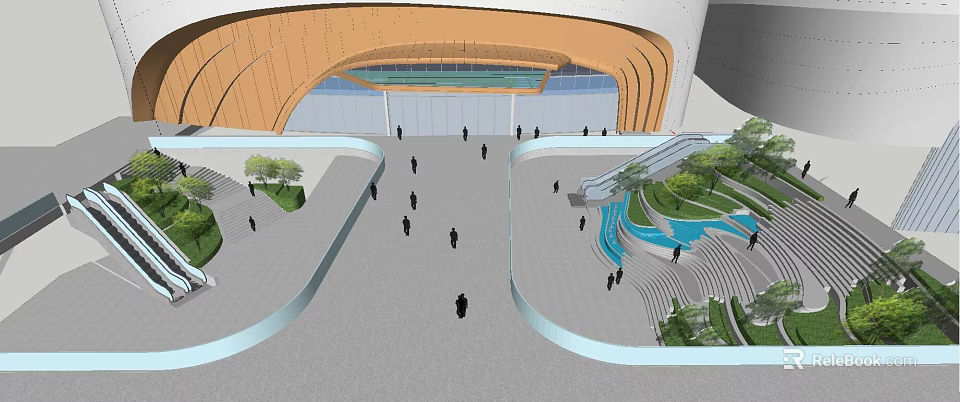 Modern Curved Architecture Open Plaza With People Greenery And Water Feature 3d model 