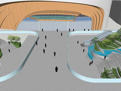 Modern Curved Architecture Open Plaza With People Greenery And Water Feature 3d model