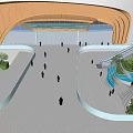 Modern Curved Architecture Open Plaza With People Greenery And Water Feature