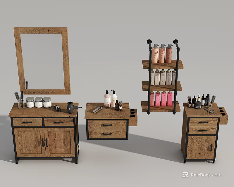 Functional Wooden Vanity Desk With Mirror Shelf And Beauty Product Storage 3d model 