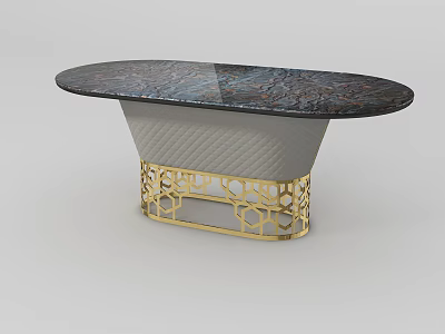 Oval Dining Table With Marble Top And Gold Intricate Base Design 3d model