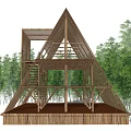 Wooden Triangular Multi Layer Tower Structure With Stairs And Green Trees Surrounding 3d model