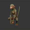 Squatting Monkey With Red Face Detailed Fur And Tail 3D Rendered On Gray Background
