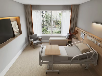 Modern Hospital Outpatient Ward Comfortable Interior With Medical Bed TV Chair Bedside Table And Window 3d model
