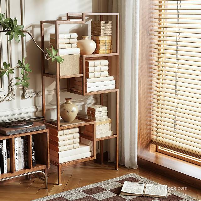 Stylish Wooden Shelf Unit In Home Interior With Folded Towels Vases And Baskets 3d model 