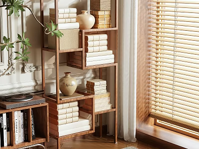 Stylish Wooden Shelf Unit In Home Interior With Folded Towels Vases And Baskets 3d model