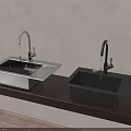 Stylish Double Kitchen Sinks White and Black with Dark Countertop and Light Wall