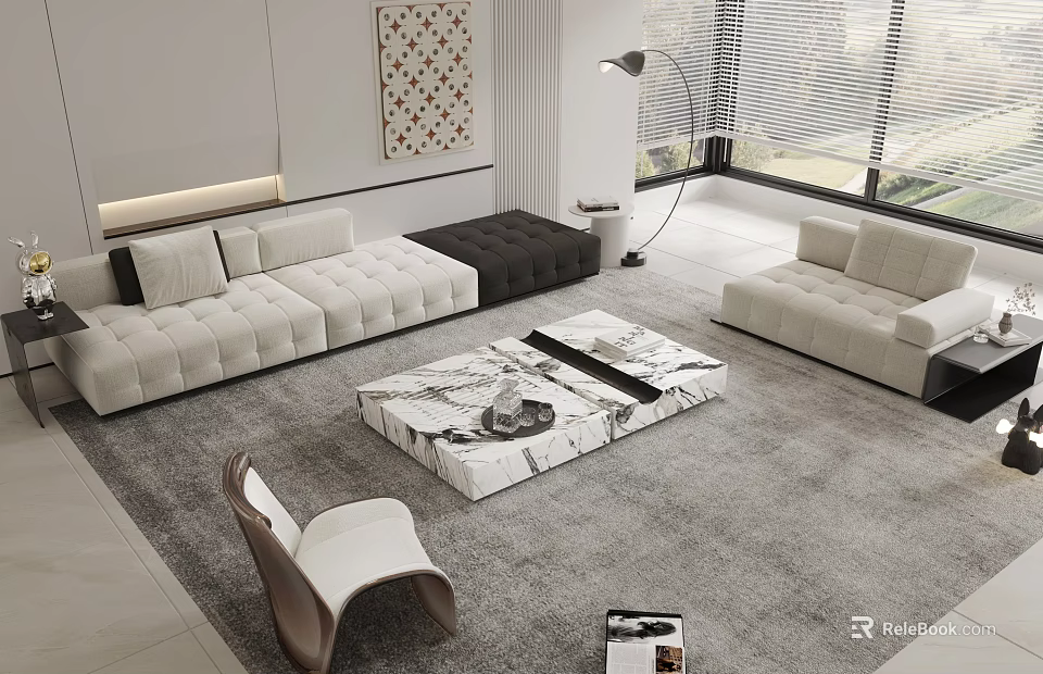 Modern Living Room Sofa and Coffee Table Set With Marble Top and Beige Upholstered Design 3d model 