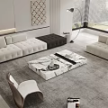 Modern Living Room Sofa and Coffee Table Set With Marble Top and Beige Upholstered Design