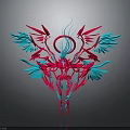 Abstract Red And Blue Art Decoration With Wings And Circular Ring Design