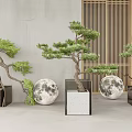 Bonsai Trees In Square Planters With Moon Decorations Gray Wall And Wooden Slats