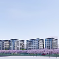 Modern Office Building Complex With Purple Flowers Green Trees And Urban Skyline