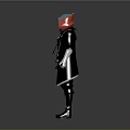 Game Movie Character Design With Blue Red Hood Black Coat White Sleeves And Purple Accessory